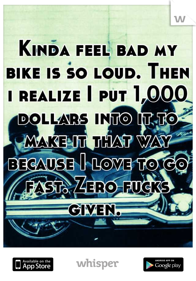 Kinda feel bad my bike is so loud. Then i realize I put 1,000 dollars into it to make it that way because I love to go fast. Zero fucks given. 