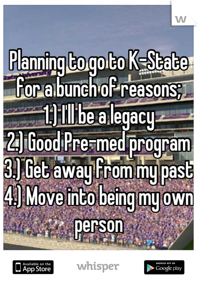 Planning to go to K-State for a bunch of reasons;
1.) I'll be a legacy 
2.) Good Pre-med program
3.) Get away from my past 
4.) Move into being my own person