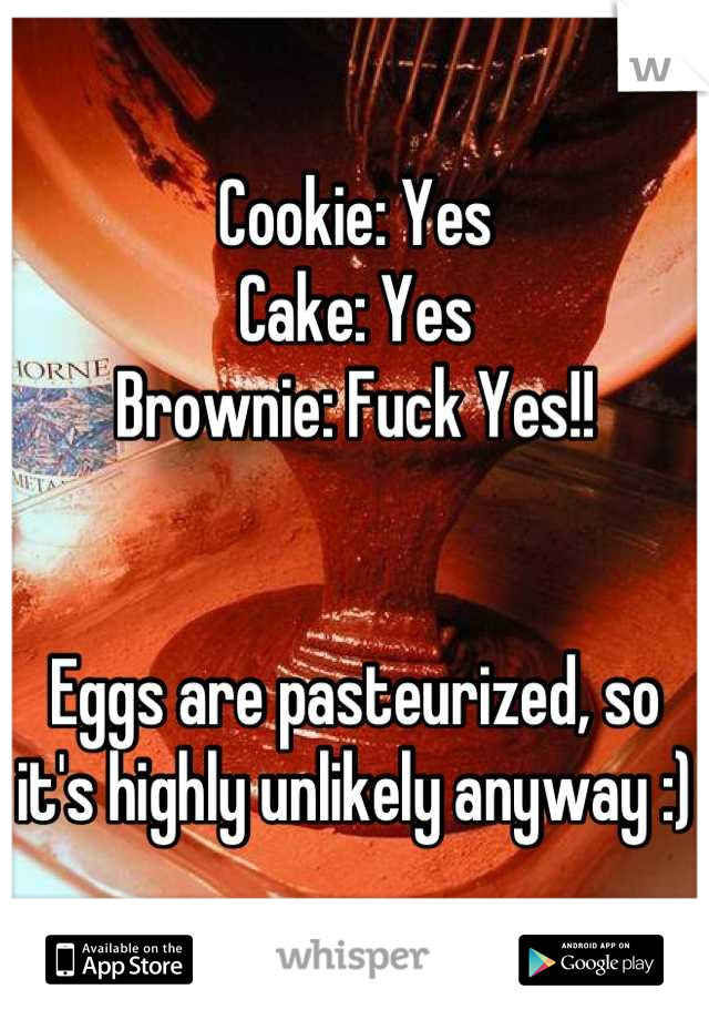 Cookie: Yes
Cake: Yes
Brownie: Fuck Yes!!


Eggs are pasteurized, so it's highly unlikely anyway :)