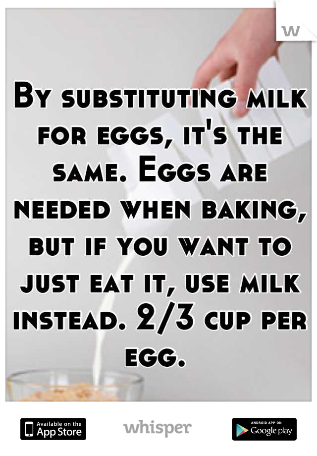 By substituting milk for eggs, it's the same. Eggs are needed when baking, but if you want to just eat it, use milk instead. 2/3 cup per egg. 
