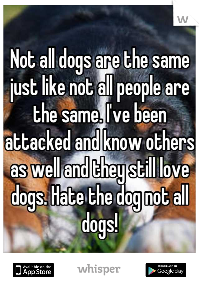 Not all dogs are the same just like not all people are the same. I've been attacked and know others as well and they still love dogs. Hate the dog not all dogs!