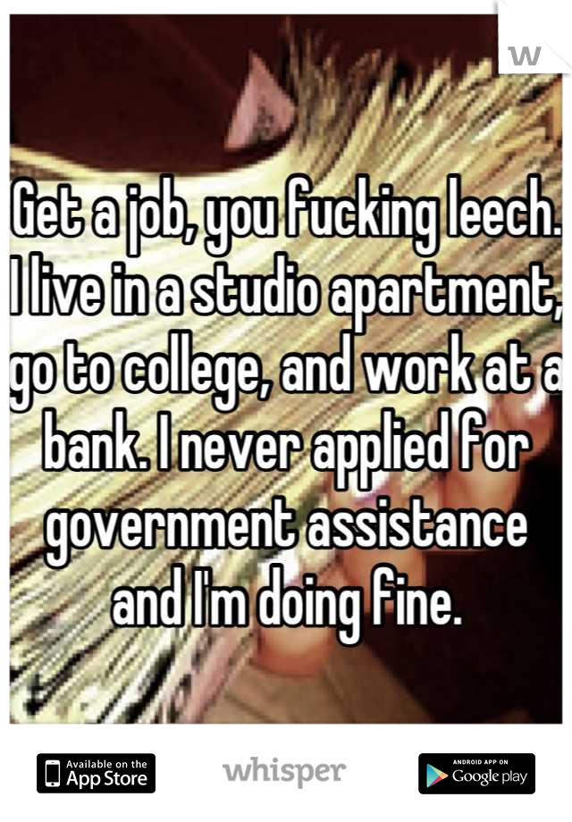 Get a job, you fucking leech. I live in a studio apartment, go to college, and work at a bank. I never applied for government assistance and I'm doing fine.