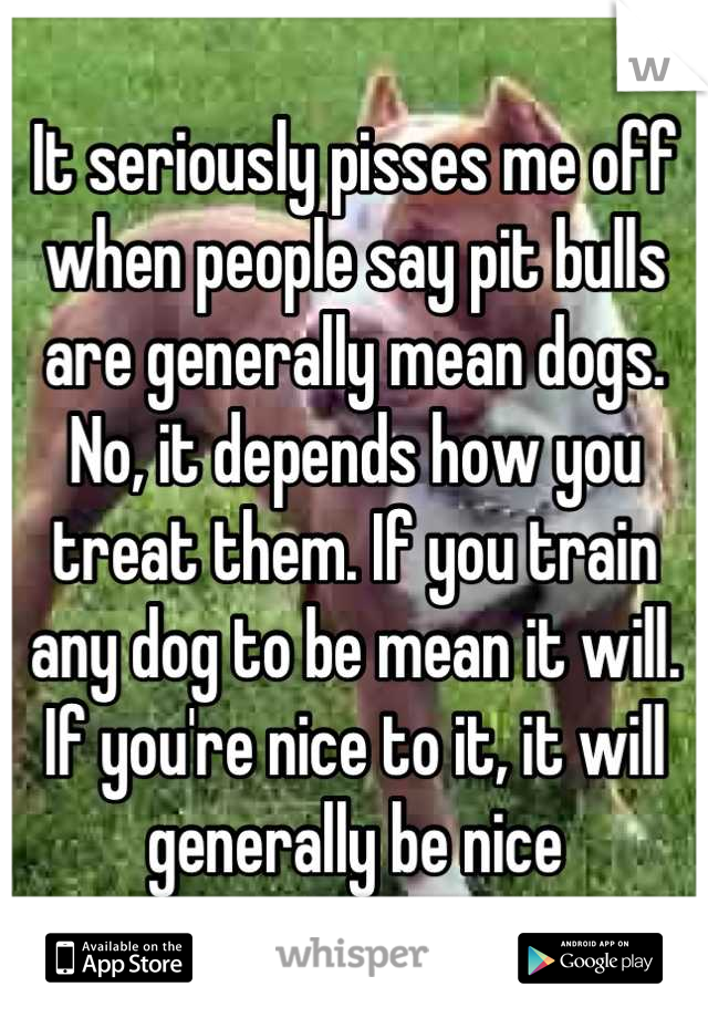 It seriously pisses me off when people say pit bulls are generally mean dogs. No, it depends how you treat them. If you train any dog to be mean it will. If you're nice to it, it will generally be nice