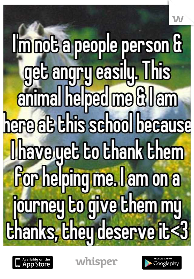 I'm not a people person & get angry easily. This animal helped me & I am here at this school because I have yet to thank them for helping me. I am on a journey to give them my thanks, they deserve it<3