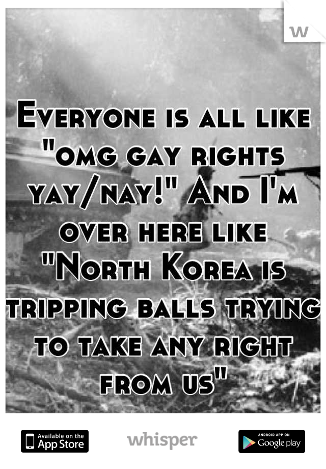 Everyone is all like "omg gay rights yay/nay!" And I'm over here like "North Korea is tripping balls trying to take any right from us"