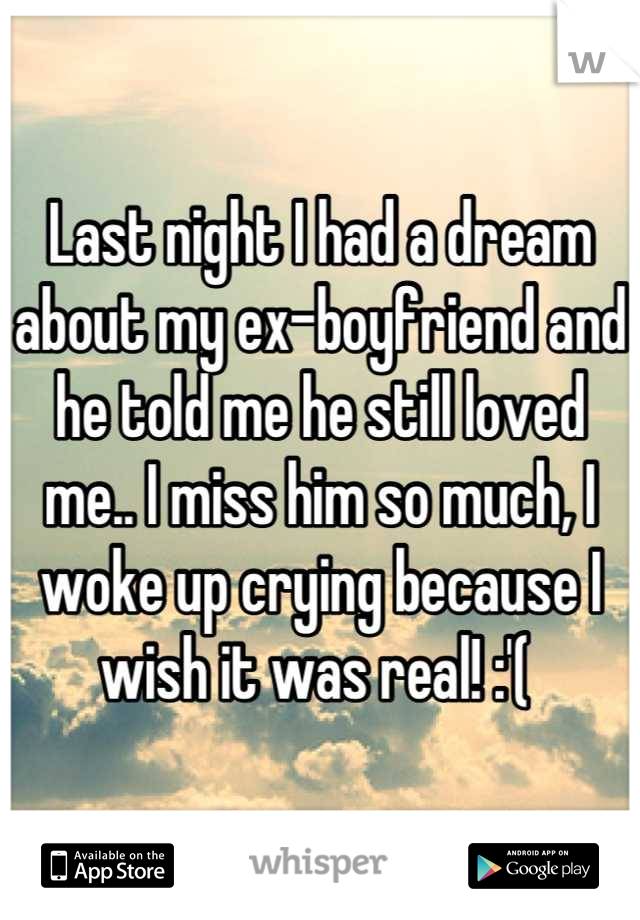 Last night I had a dream about my ex-boyfriend and he told me he still loved me.. I miss him so much, I woke up crying because I wish it was real! :'( 