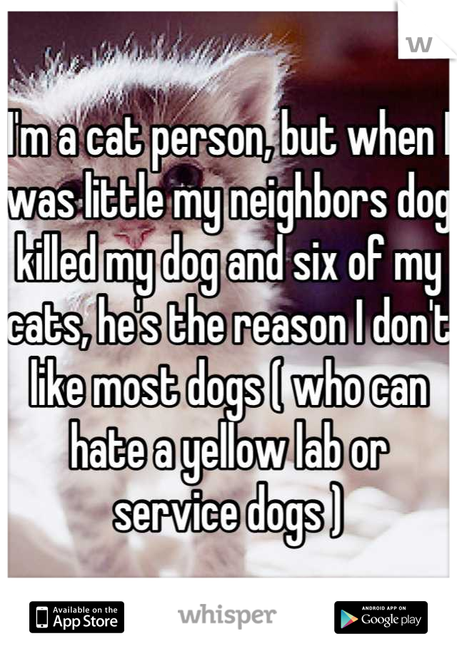 I'm a cat person, but when I was little my neighbors dog killed my dog and six of my cats, he's the reason I don't like most dogs ( who can hate a yellow lab or service dogs )