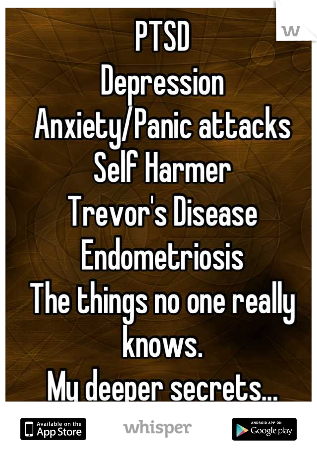 PTSD
Depression
Anxiety/Panic attacks
Self Harmer
Trevor's Disease
Endometriosis
The things no one really knows.
My deeper secrets...

