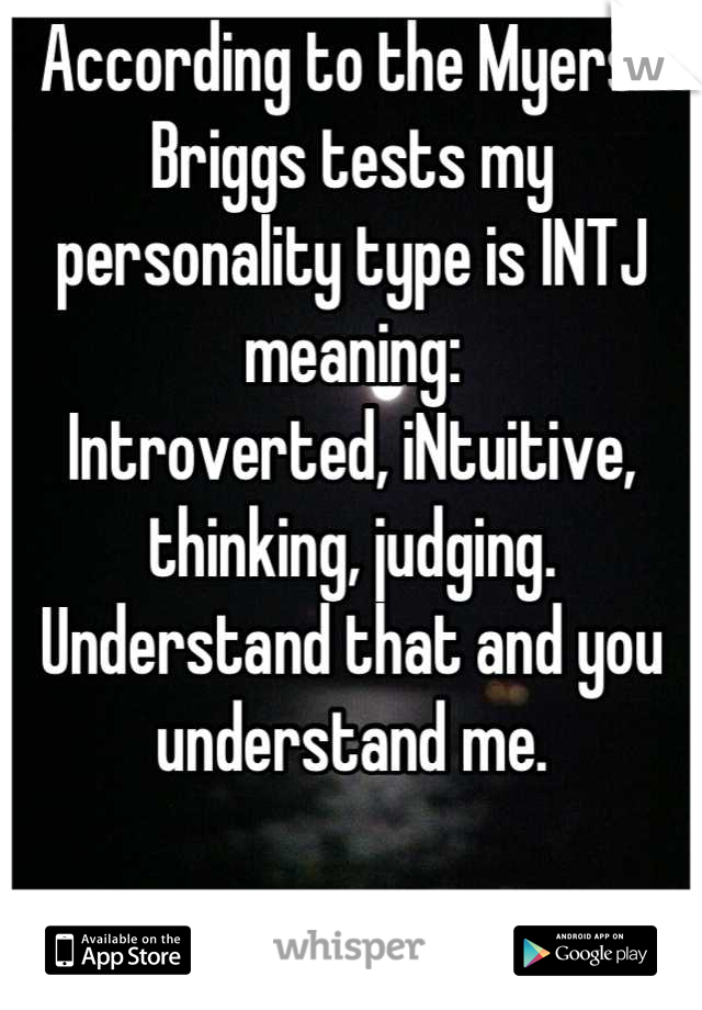 According to the Myers-Briggs tests my personality type is INTJ meaning:
Introverted, iNtuitive, thinking, judging.
Understand that and you understand me.

What's everyone else's?