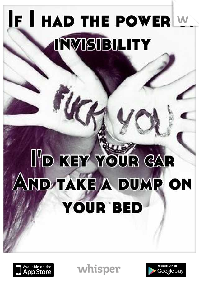 If I had the power of invisibility




I'd key your car 
And take a dump on your bed
