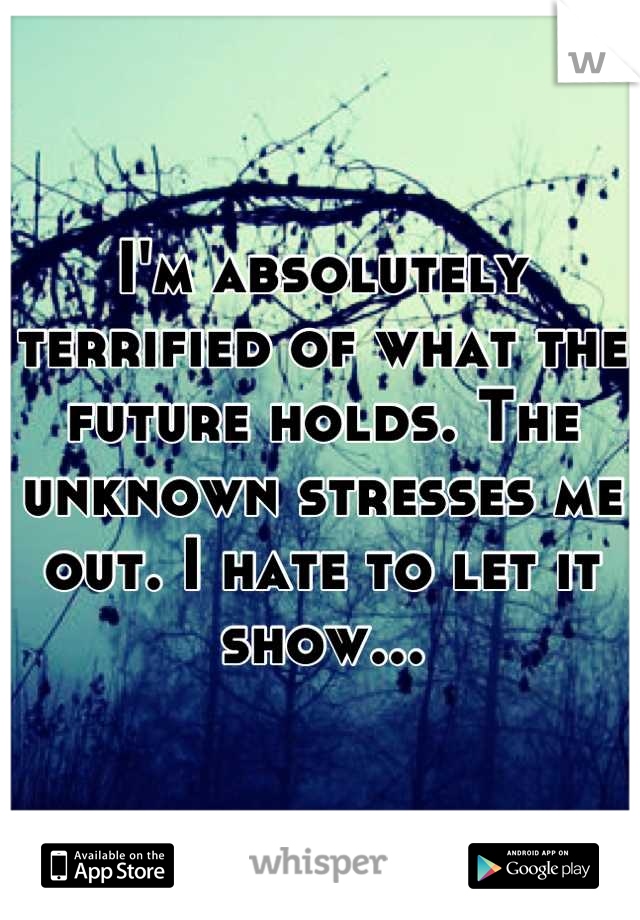 I'm absolutely terrified of what the future holds. The unknown stresses me out. I hate to let it show...