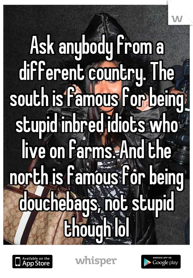 Ask anybody from a different country. The  south is famous for being stupid inbred idiots who live on farms. And the north is famous for being douchebags, not stupid though lol