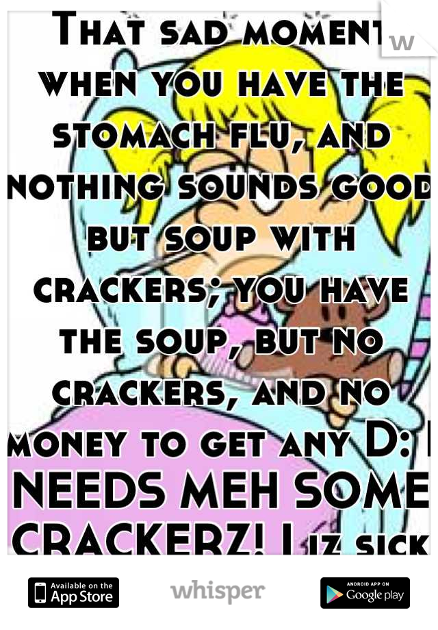 That sad moment when you have the stomach flu, and nothing sounds good but soup with crackers; you have the soup, but no crackers, and no money to get any D: I NEEDS MEH SOME CRACKERZ! I iz sick :( 