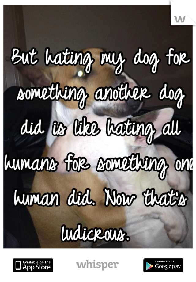 But hating my dog for something another dog did is like hating all humans for something one human did. Now that's ludicrous. 