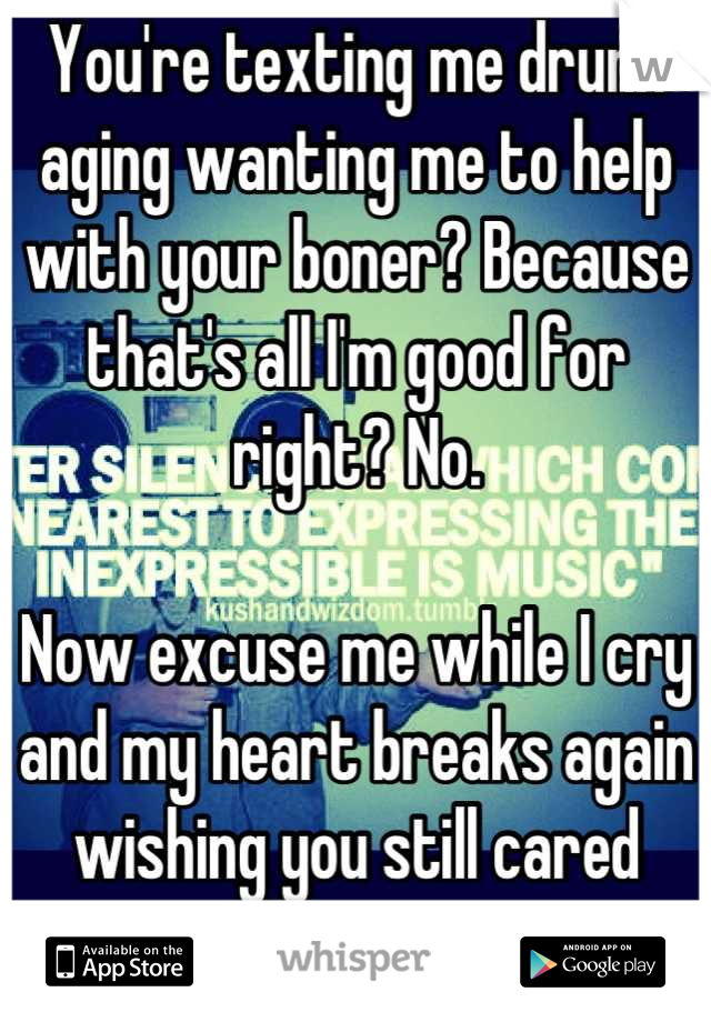 You're texting me drunk aging wanting me to help with your boner? Because that's all I'm good for right? No. 

Now excuse me while I cry and my heart breaks again wishing you still cared about me.