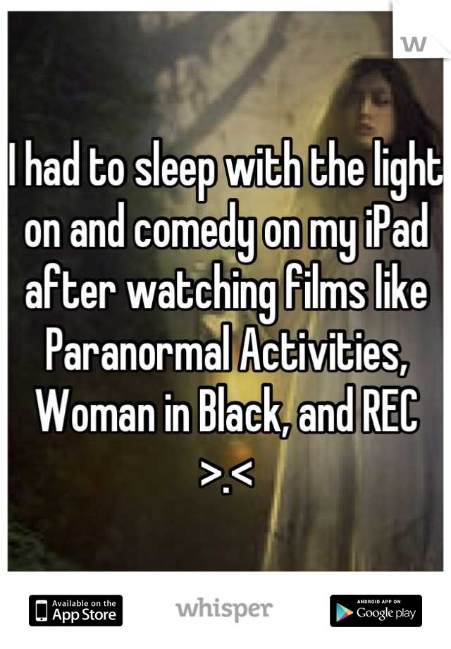 I had to sleep with the light on and comedy on my iPad after watching films like Paranormal Activities, Woman in Black, and REC
>.<
