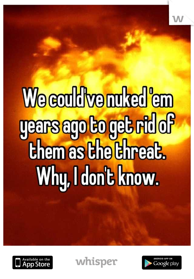 We could've nuked 'em years ago to get rid of them as the threat.
Why, I don't know.
