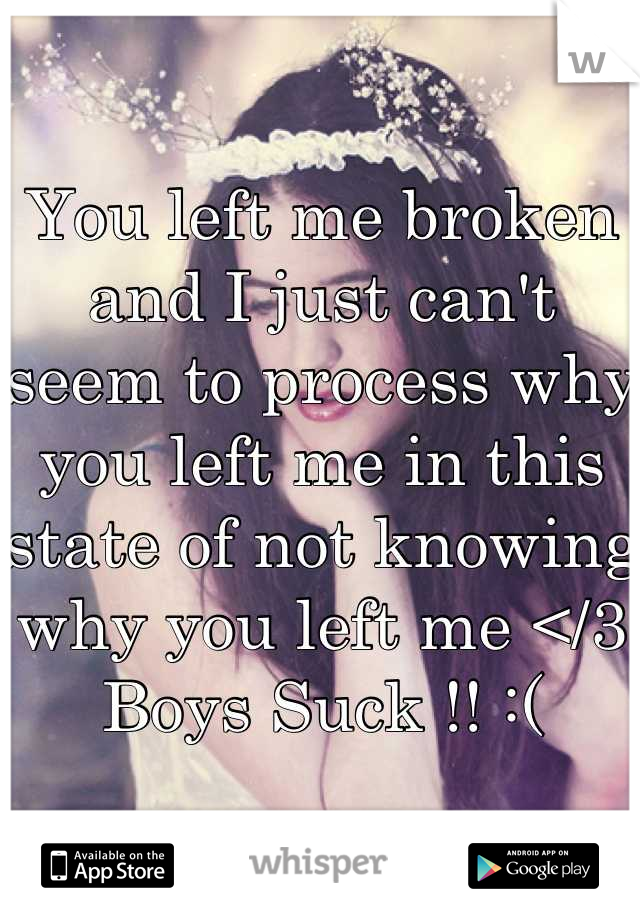 You left me broken and I just can't seem to process why you left me in this state of not knowing why you left me </3 
Boys Suck !! :(