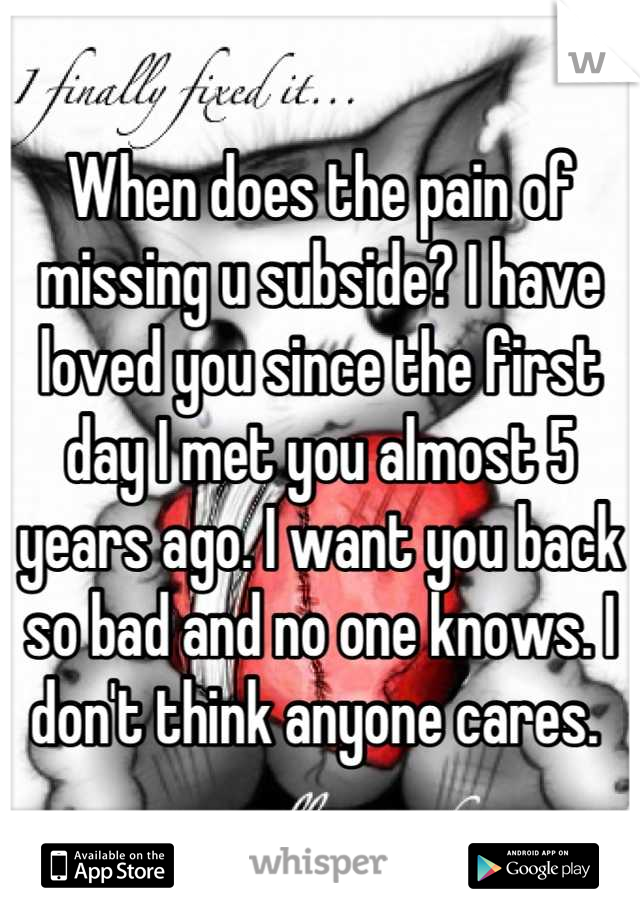 When does the pain of missing u subside? I have loved you since the first day I met you almost 5 years ago. I want you back so bad and no one knows. I don't think anyone cares. 