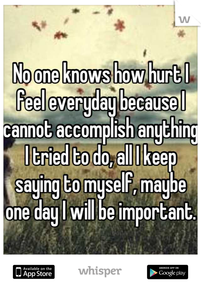 No one knows how hurt I feel everyday because I cannot accomplish anything I tried to do, all I keep saying to myself, maybe one day I will be important.