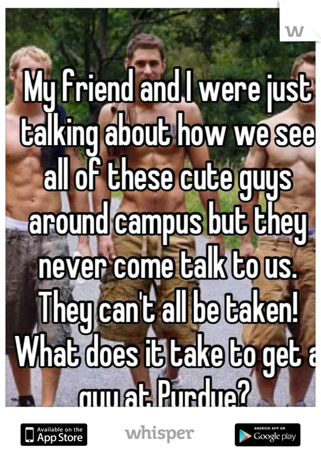 My friend and I were just talking about how we see all of these cute guys around campus but they never come talk to us. They can't all be taken! What does it take to get a guy at Purdue? 