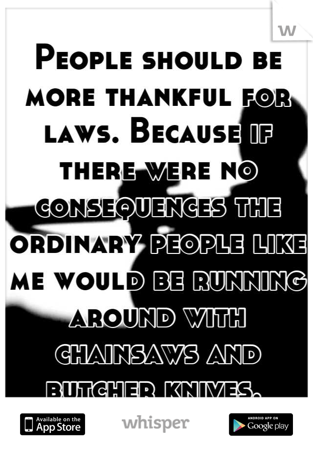 People should be more thankful for laws. Because if there were no consequences the ordinary people like me would be running around with chainsaws and butcher knives. 