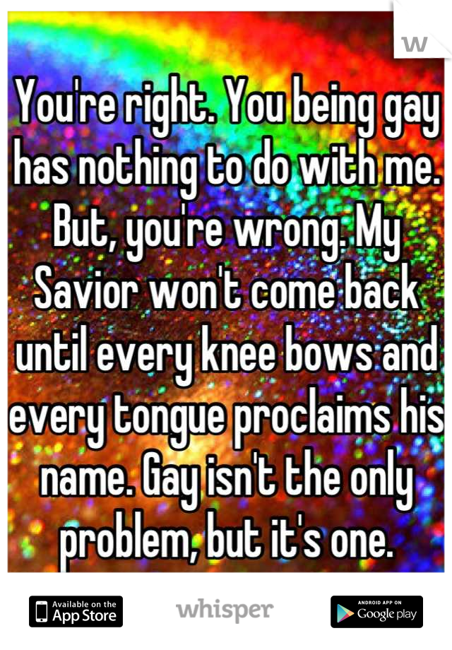 You're right. You being gay has nothing to do with me. But, you're wrong. My Savior won't come back until every knee bows and every tongue proclaims his name. Gay isn't the only problem, but it's one.