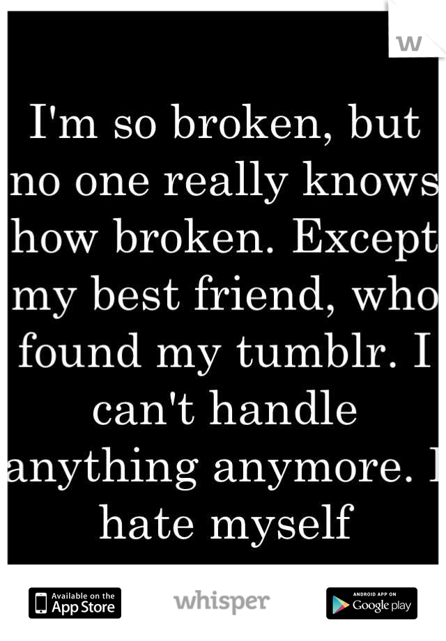 I'm so broken, but no one really knows how broken. Except my best friend, who found my tumblr. I can't handle anything anymore. I hate myself