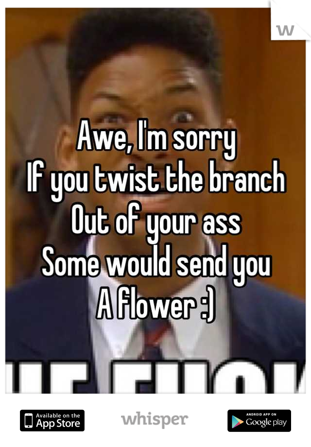 Awe, I'm sorry 
If you twist the branch 
Out of your ass
Some would send you
A flower :)