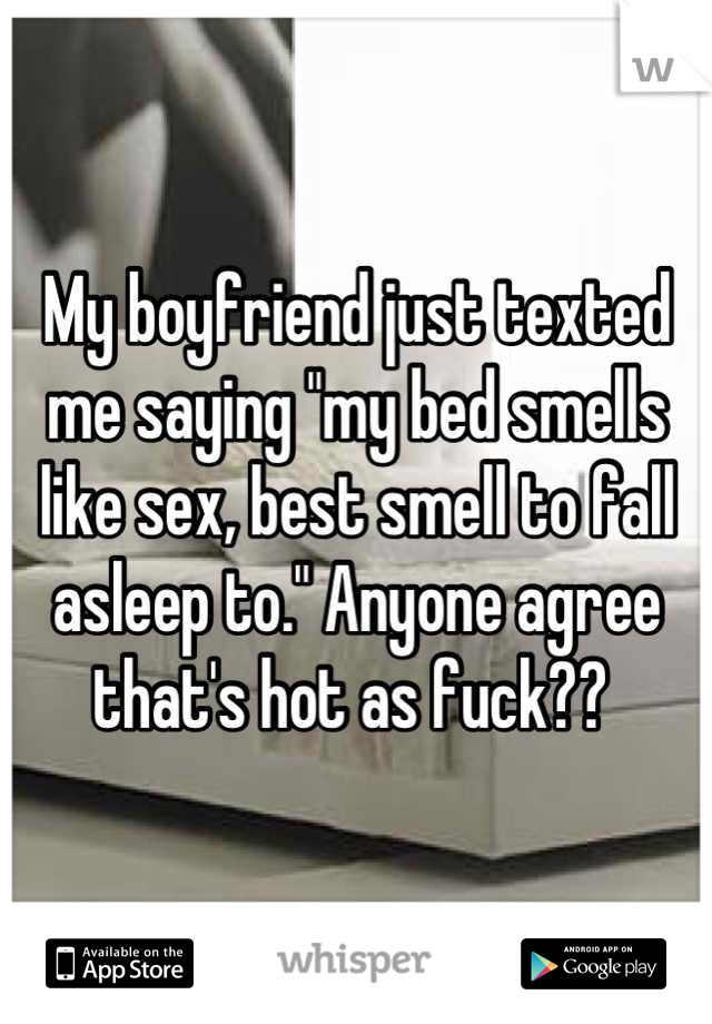 My boyfriend just texted me saying "my bed smells like sex, best smell to fall asleep to." Anyone agree that's hot as fuck?? 