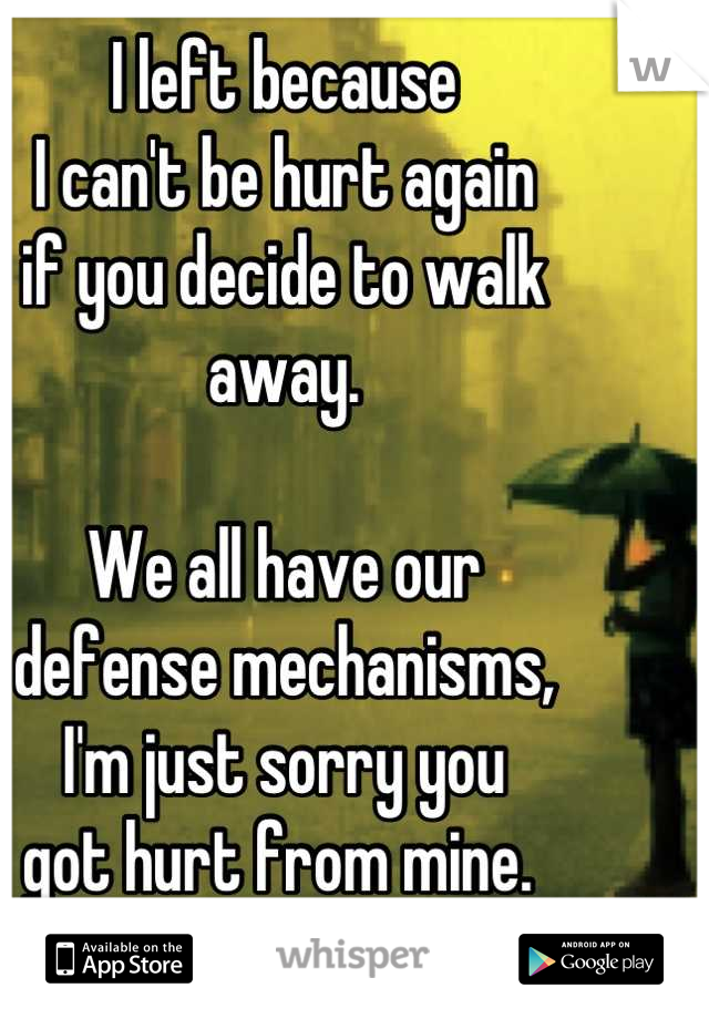 I left because 
I can't be hurt again
if you decide to walk
away. 

We all have our
defense mechanisms,
I'm just sorry you 
got hurt from mine. 