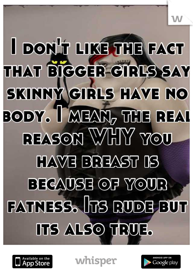 I don't like the fact that bigger girls say skinny girls have no body. I mean, the real reason WHY you have breast is because of your fatness. Its rude but its also true. 