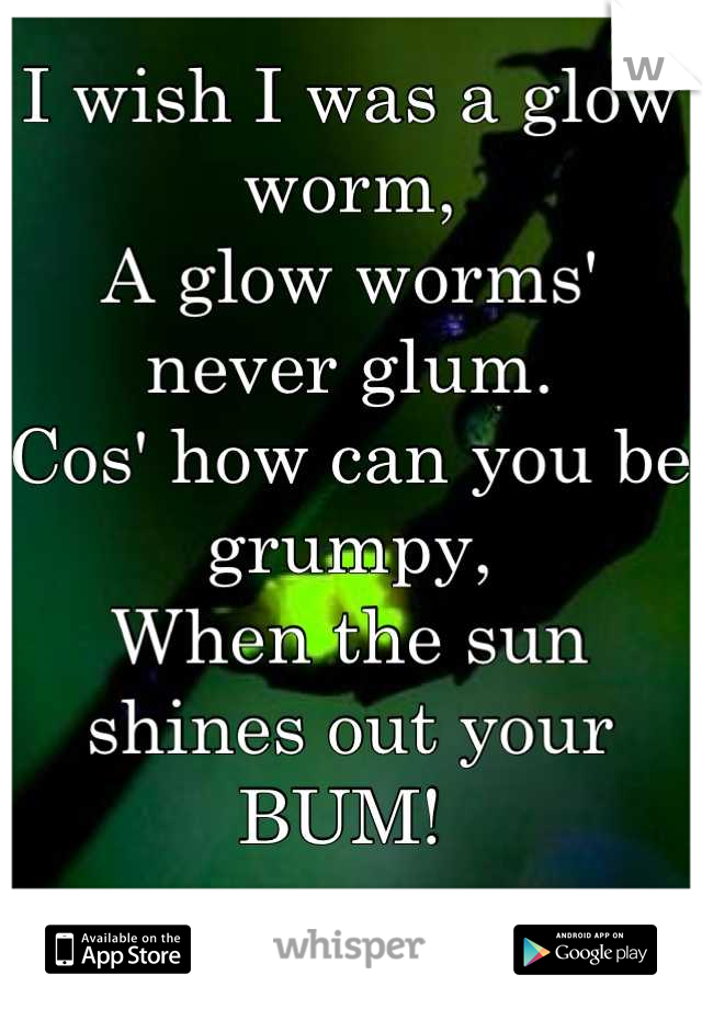 I wish I was a glow worm,
A glow worms' never glum.
Cos' how can you be grumpy,
When the sun shines out your 
BUM! 