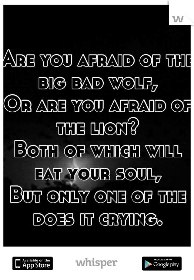 Are you afraid of the big bad wolf,
Or are you afraid of the lion?
Both of which will eat your soul,
But only one of the does it crying.