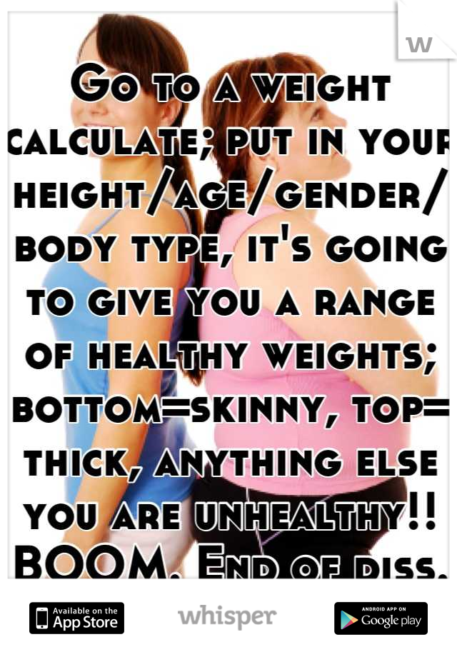 Go to a weight calculate; put in your height/age/gender/ body type, it's going to give you a range of healthy weights; bottom=skinny, top= thick, anything else you are unhealthy!! BOOM. End of diss.