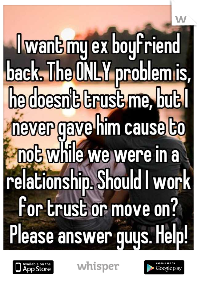 I want my ex boyfriend back. The ONLY problem is, he doesn't trust me, but I never gave him cause to not while we were in a relationship. Should I work for trust or move on? Please answer guys. Help!