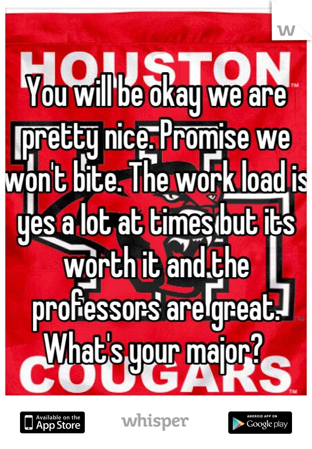 You will be okay we are pretty nice. Promise we won't bite. The work load is yes a lot at times but its worth it and the professors are great. What's your major? 