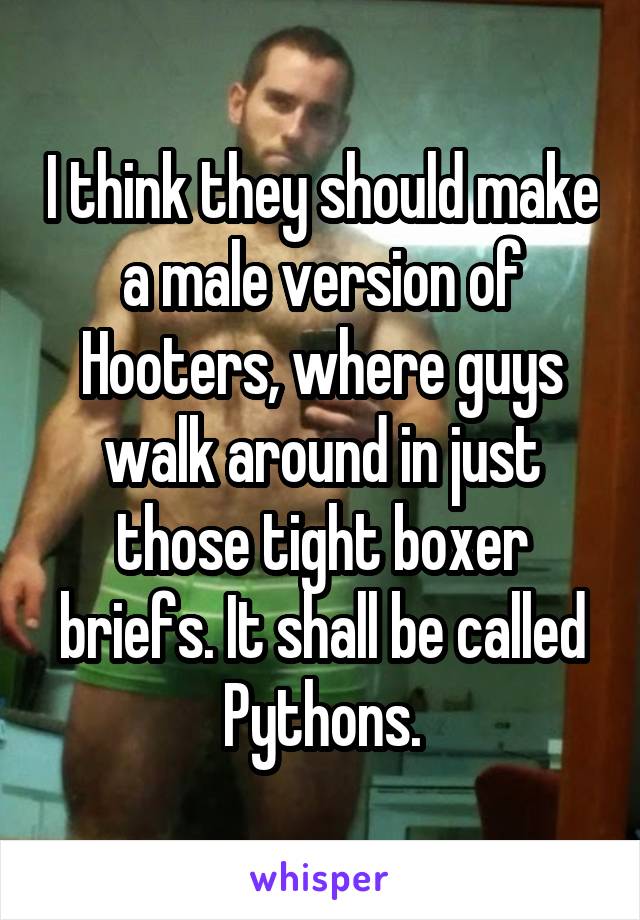 I think they should make a male version of Hooters, where guys walk around in just those tight boxer briefs. It shall be called Pythons.