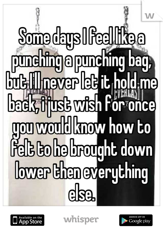 Some days I feel like a punching a punching bag, but I'll never let it hold me back, i just wish for once you would know how to felt to he brought down lower then everything else.