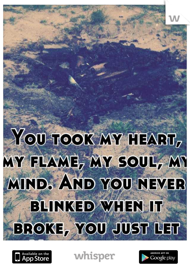 




You took my heart, my flame, my soul, my mind. And you never blinked when it broke, you just let it. You let me suffer.