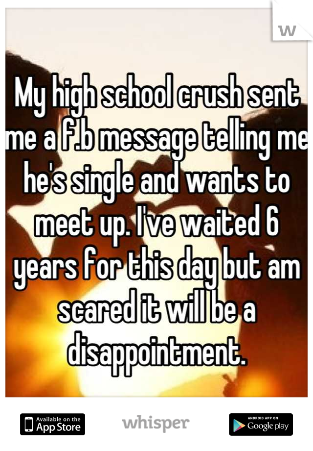 My high school crush sent me a f.b message telling me he's single and wants to meet up. I've waited 6 years for this day but am scared it will be a disappointment.