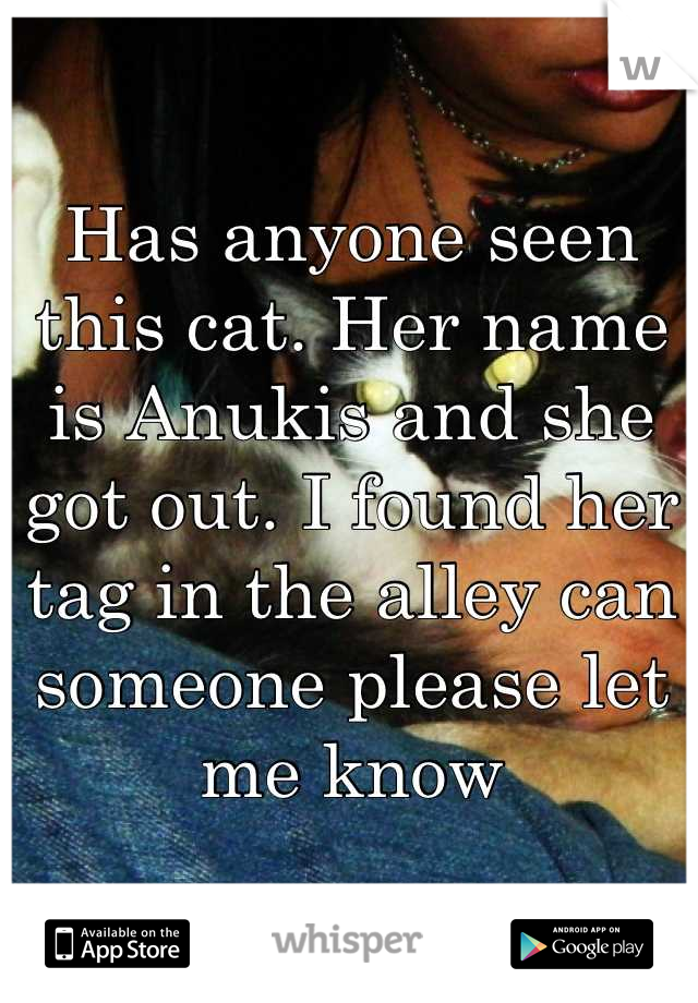 Has anyone seen this cat. Her name is Anukis and she got out. I found her tag in the alley can someone please let me know