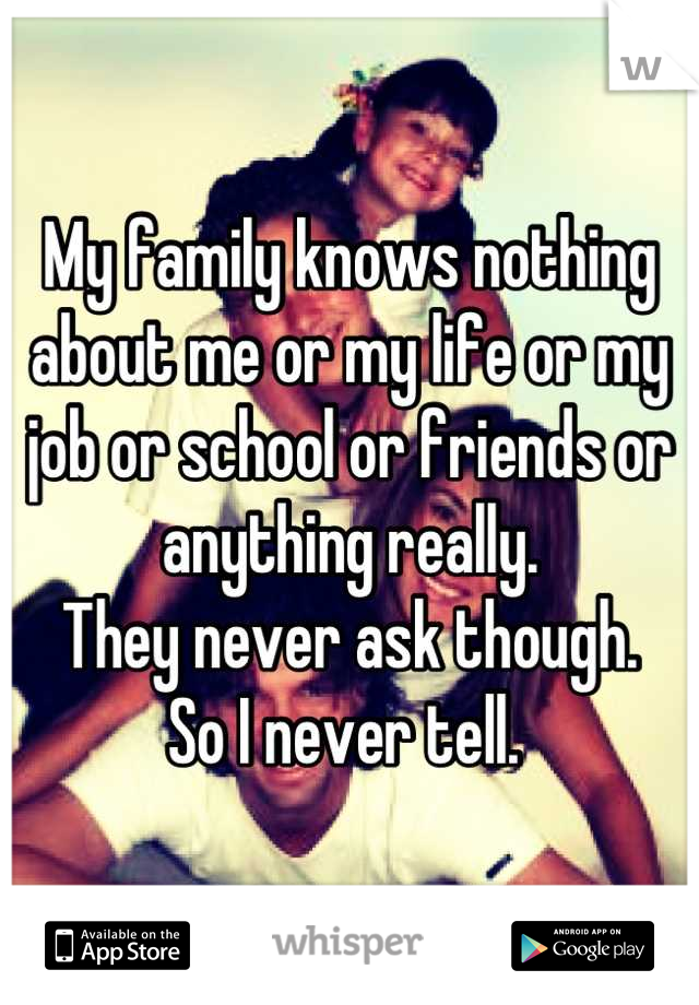 My family knows nothing about me or my life or my job or school or friends or anything really.
They never ask though. 
So I never tell. 