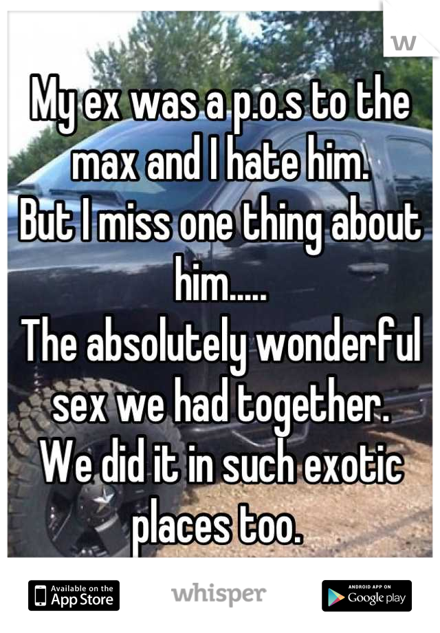 My ex was a p.o.s to the max and I hate him. 
But I miss one thing about him.....
The absolutely wonderful sex we had together.
We did it in such exotic places too. 

