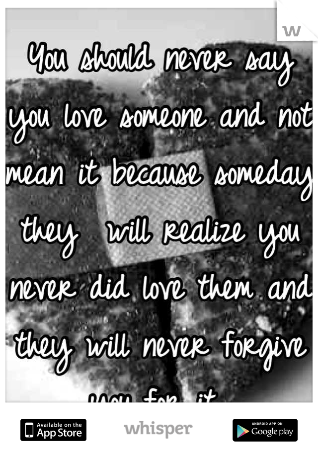 You should never say you love someone and not mean it because someday they  will realize you never did love them and they will never forgive you for it 