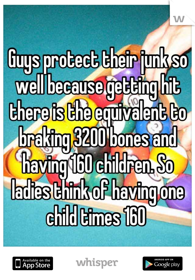 Guys protect their junk so well because getting hit there is the equivalent to braking 3200 bones and having 160 children. So ladies think of having one child times 160 