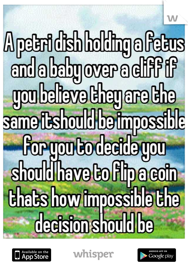 A petri dish holding a fetus and a baby over a cliff if you believe they are the same itshould be impossible for you to decide you should have to flip a coin thats how impossible the decision should be