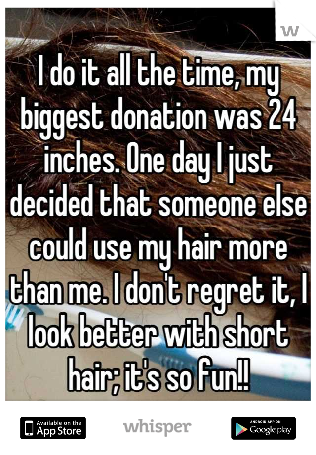 I do it all the time, my biggest donation was 24 inches. One day I just decided that someone else could use my hair more than me. I don't regret it, I look better with short hair; it's so fun!!