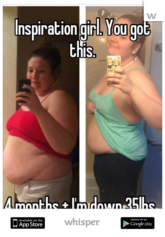 Inspiration girl. You got this. 






4 months + I'm down 35lbs. 