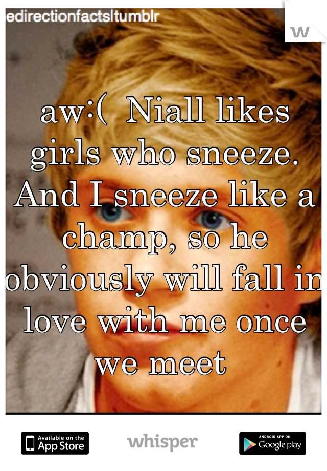 aw:(  Niall likes girls who sneeze. And I sneeze like a champ, so he obviously will fall in love with me once we meet 